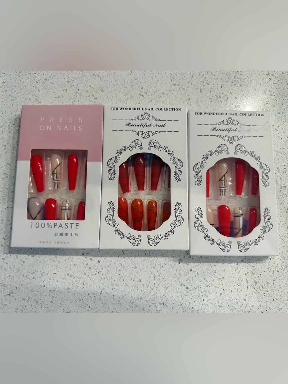 3 Press On Nails Red Ombre & Nude Set - Collection